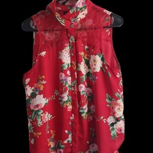 Red floral button up blouse